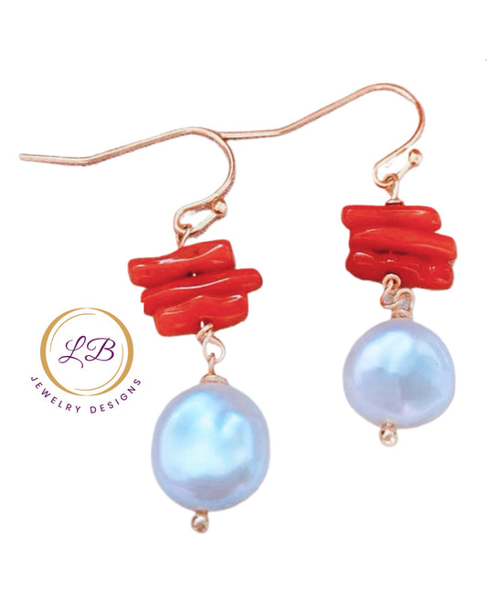 Irregular Sapling-Shaped Coral Baroque Pearl Drop Earrings