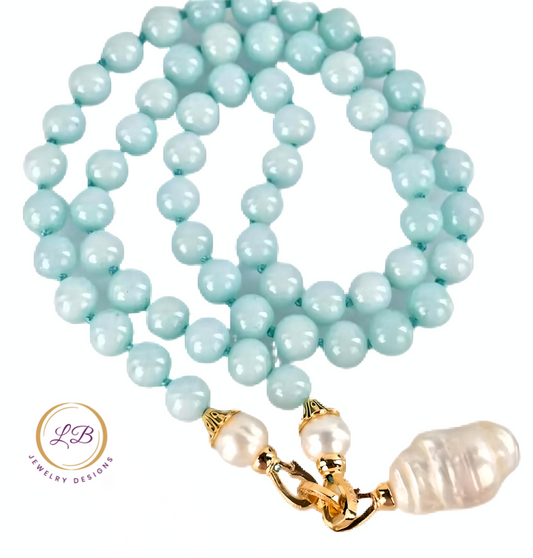 Rare Keshi Pearl Drop & Aquamarine Gemstone Double-Knotted Statement Necklace 18