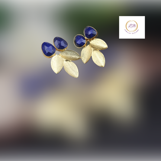 Lapis Lazuli Leaf Design and 18k Brushed Gold Vermeil Statement Earrings