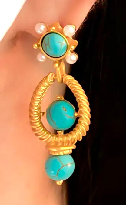Turquoise and Pearl Gold Vermeil Dangle Earrings 1.75”