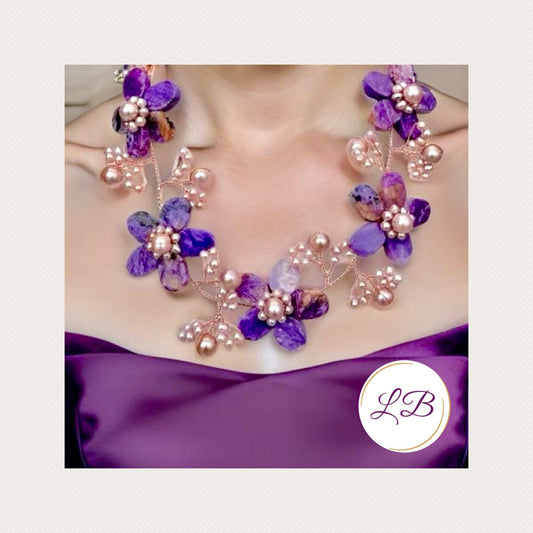 Captivating Purple Charoite & Pearl Gemstone Statement Necklace