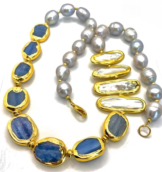 Blue Kyanite and Pearls Gemstone Statenent Necklace 23”