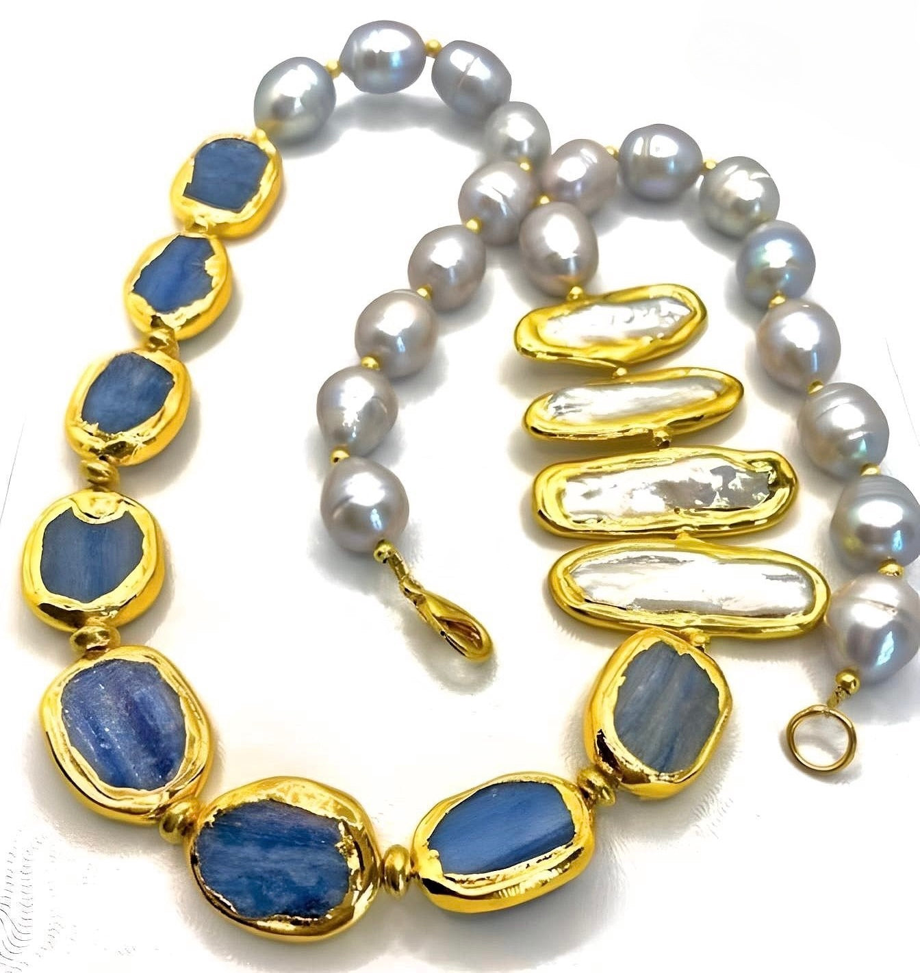 Blue Kyanite & Pearls Gemstone Statement Necklace 23”