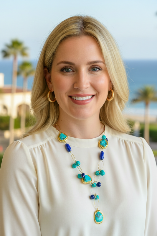 Turquoise & Lapis Lazuli Gold Link Statement Necklace – Adjustable 20–23” Designer Gemstone Necklace