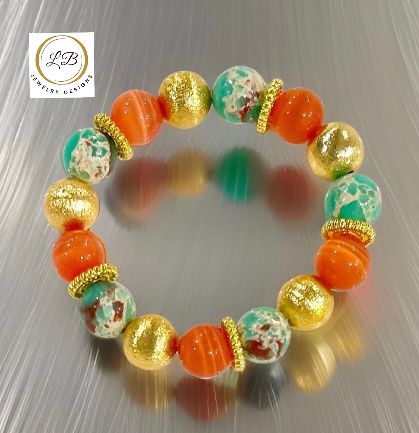 Orange Mexican Fire Opal & Imperial Jasper Gold Beaded Bracelet