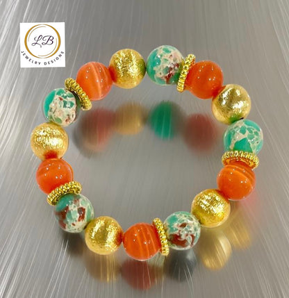 Orange Mexican Fire Opal & Imperial Jasper Gold Beaded Bracelet