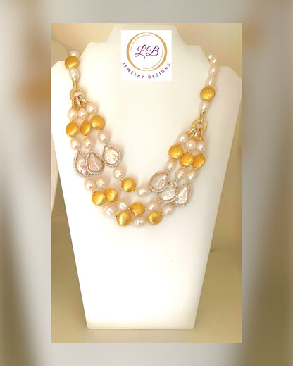 White Rice Cultured Pearls & Brushed Gold Vermeil Statement Necklace