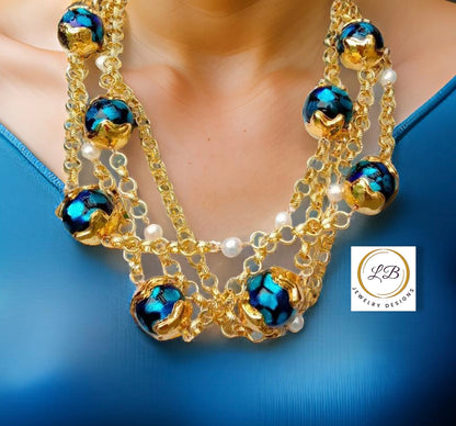 Blue Murano Baubles and Pearl Chain Triple-Strand Statement Necklace 19”