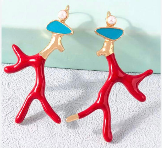 Resort Red Enamel Coral Branch Turquoise Dangle Earrings 2”