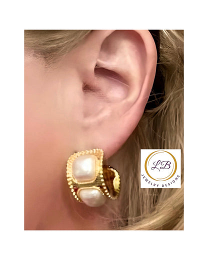 Classic Pearl Shell Gold Hoop Earrings 1”