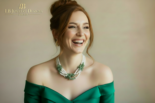 Freshwater Pearl & Green Aventurine Triple Strand Necklace - Luxury Gemstone Statement Jewelry