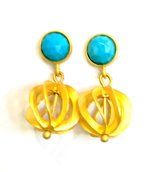 Turquoise Gemstone Gold Vermeil Filigree Dangles 1.18”