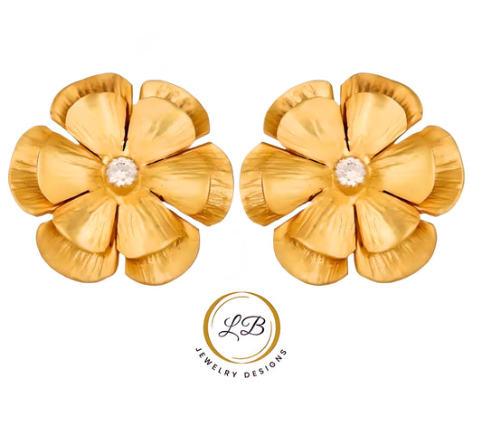 White Topaz 22k Gold Flower Statement Earrings 1”