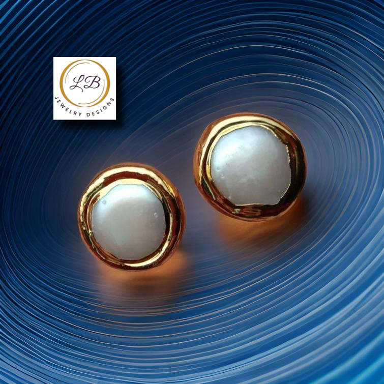 White Coin Pearl Gold Stud Earrings