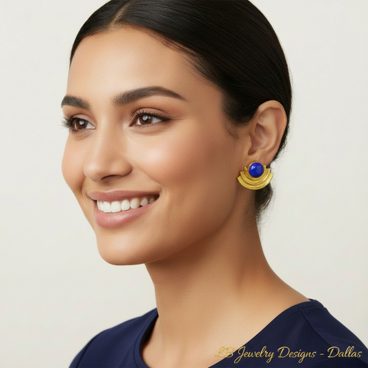Art Deco Lapis Lazuli Gold Vermeil Statement Stud Earrings