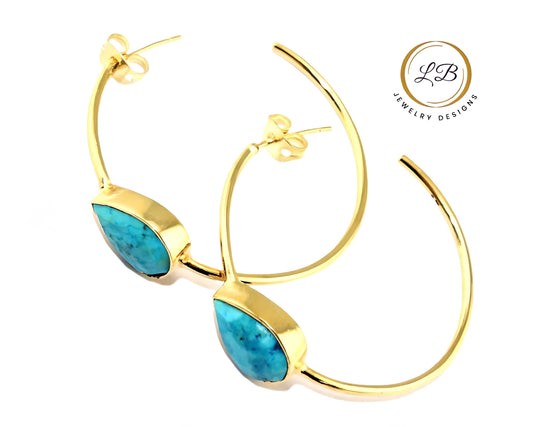 Pear-Shaped Turquoise Gemstone Hoop Earrings 2.25”