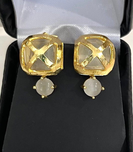 Criss Cross White Moonstone Gemstone Gold Stud Earrings 1”
