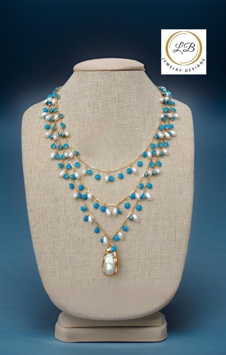 Blue Enamel & Pearl Pendant Gold Statement Necklace