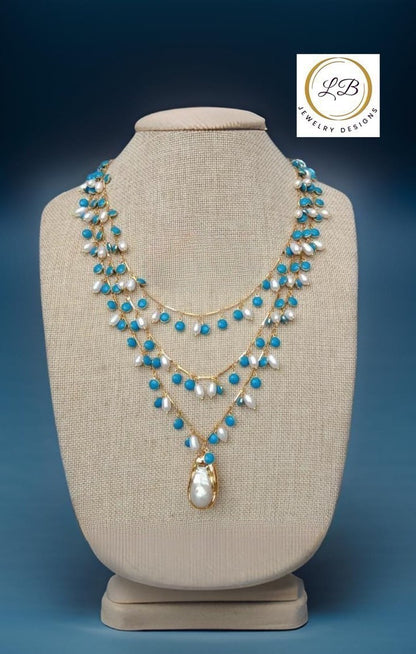 Blue Enamel & Pearl Pendant Gold Statement Necklace