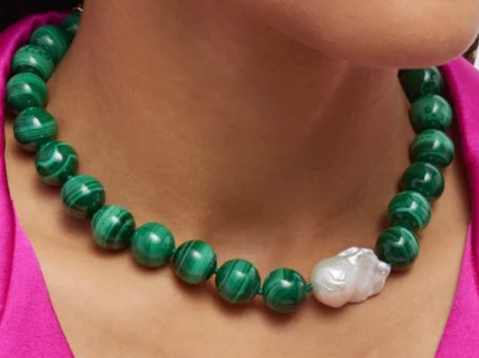 Striking Green Malachite Gemstone Statement Necklace with Baroque Pearl Pendant