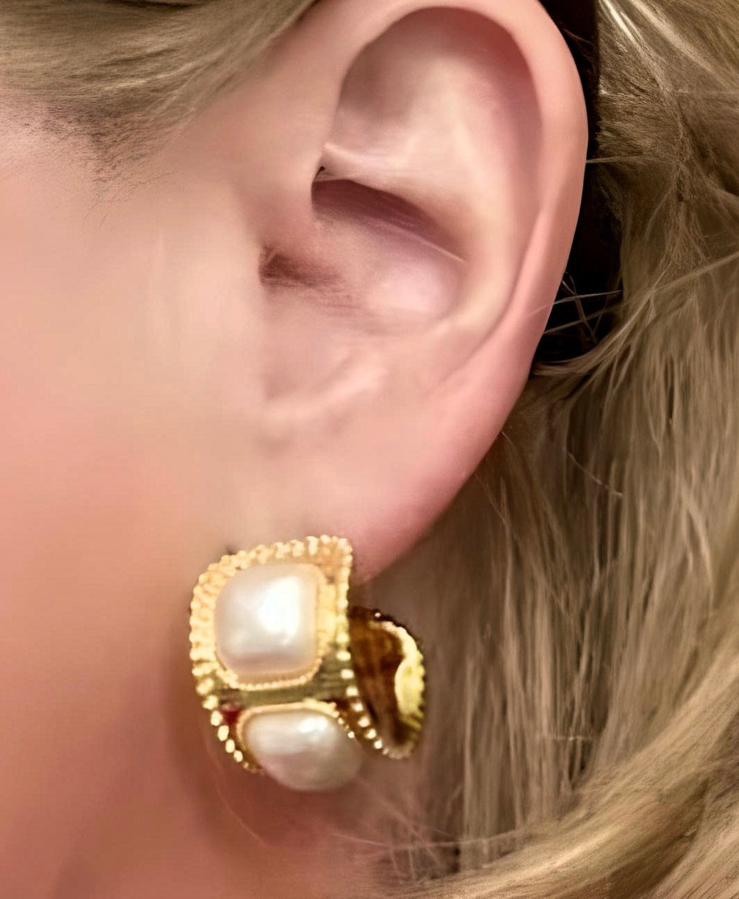 Classic Pearl Shell Gold Hoop Earrings 1”