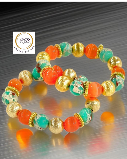 Orange Mexican Fire Opal & Imperial Jasper Gold Beaded Bracelet