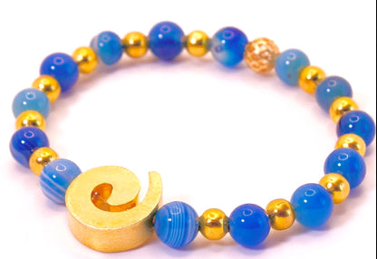 Blue-Banded Agate Beaded Bracelet withVermeil Swirl Accent