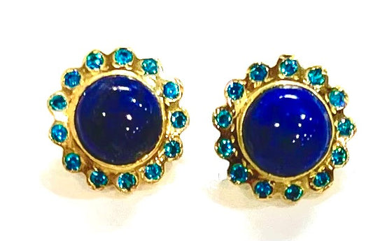 Colorful Lapis Lazuli and Peacock Blue Zircon Gold Stud Earrings 1”