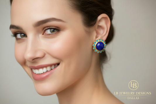 Lapis Lazuli & Blue Zircon Gold Halo Stud Earrings 1”