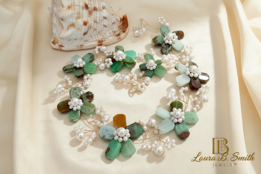 Limited Edition Chrysoprase & Pearl Floral Statement Necklace – Luxury Resort Jewelry