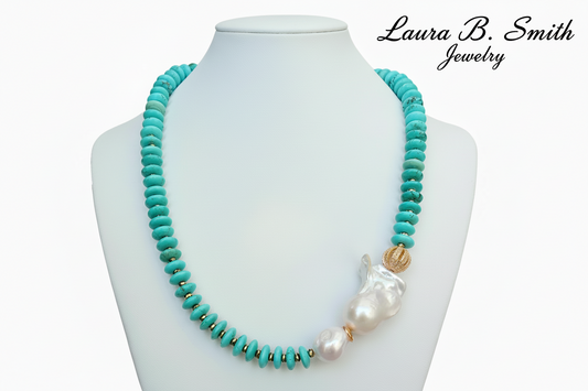 Turquoise and Keshi Pearl Statement Necklace - Gold Vermeil Coastal Luxury Necklace