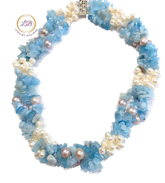 Triple-Strand Blue Aquamarine Gemstones and Freshwater Pearls Statement Necklace