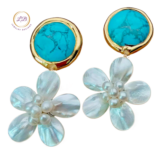 Turquoise and Pearl Gemstone Flower Statement Earrings 2.2”