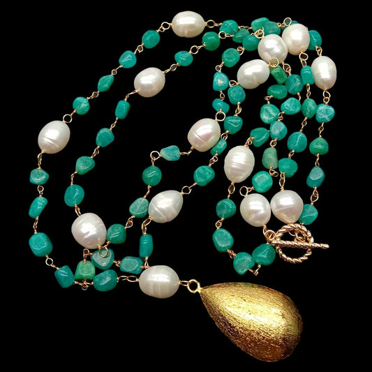 Vibrant Green Peruvian Amazonite and Pearl Statement Necklace with 18k Brushed Gold Vermeil Pendant
