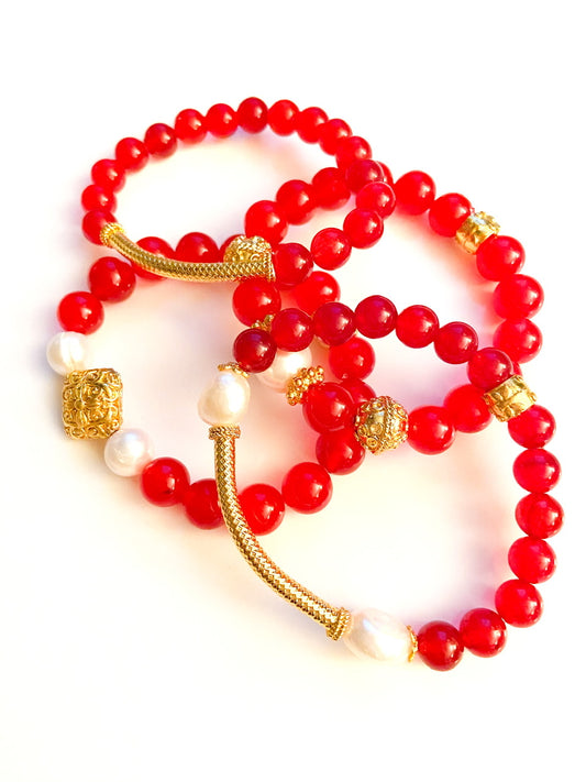 Red Aventurine and Baroque Pearls with 18k Gold Vermeil Beaded Bracelet