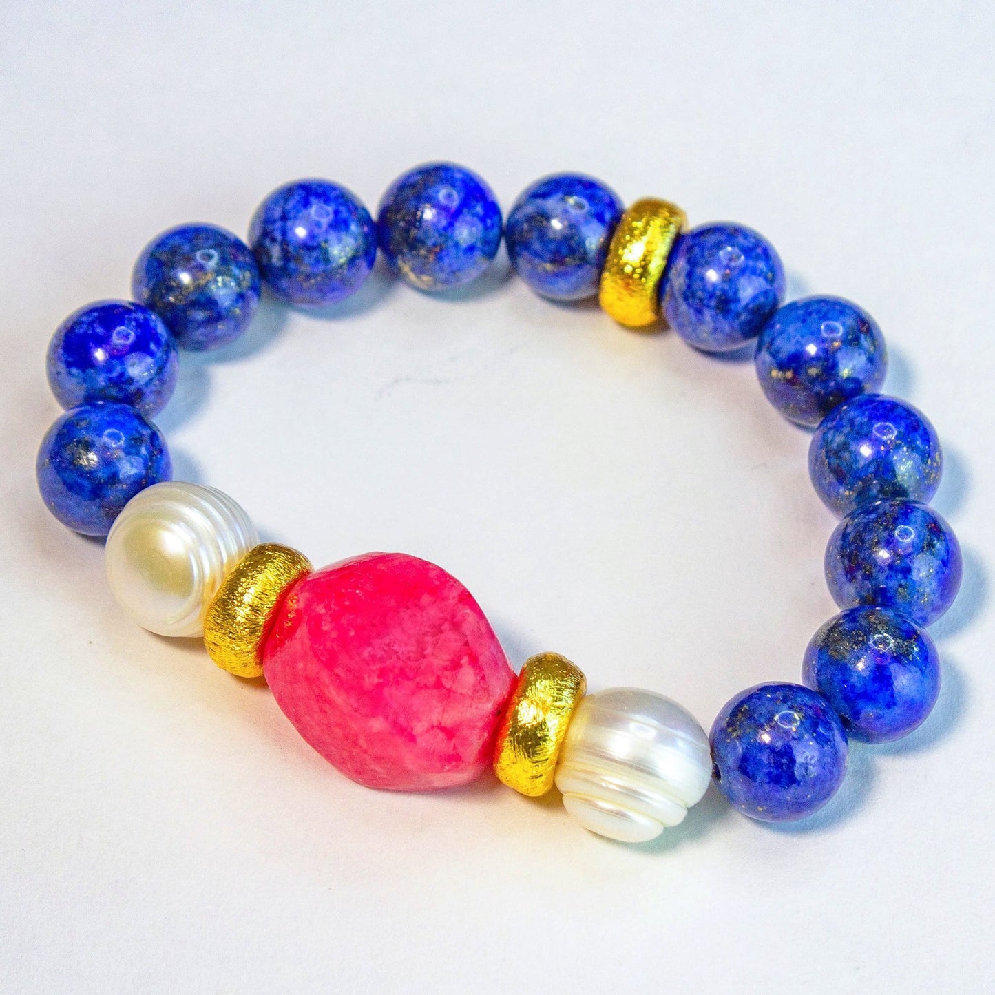 Lapis Lazuli Gemstones with Baroque Pearls and  Natural Pink Sapphire Bracelet