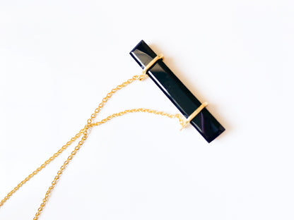 Elegant Black Onyx Bar Pendant Gold Necklace 18”