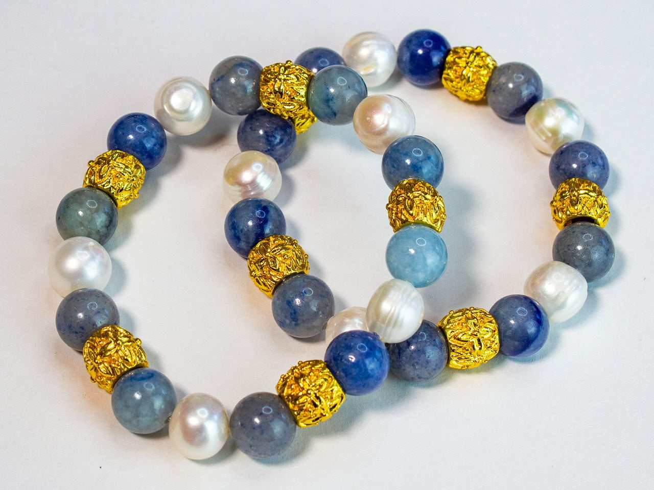 Blue Sodalite and Pearl Gemstone 18k Gold Vermeil Beaded Bracelet