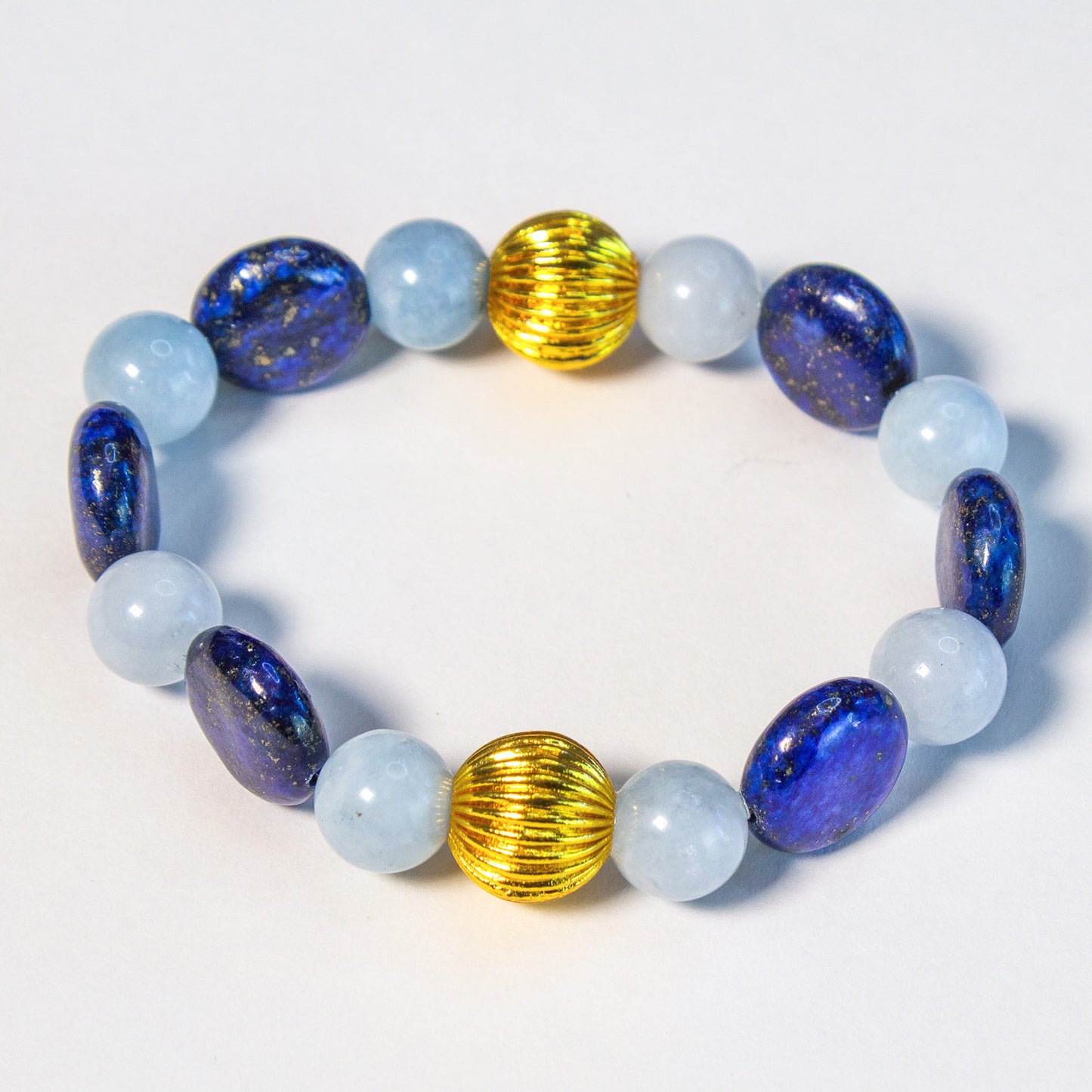 Coin-Shaped Lapis Lazuli and Aquamarine Gemstones Beaded Bracelet