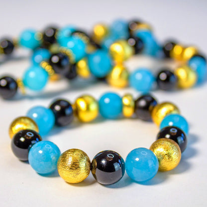Black Onyx & Aquamarine Gemstone Gold Vermeil Beaded Bracelet
