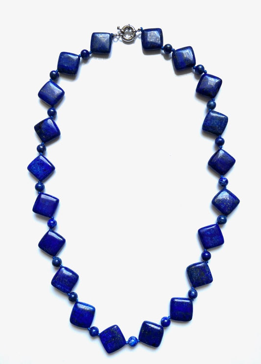 Rhombus-Style Blue Lapis Lazuli Double-Knotted Statement Necklace 20"