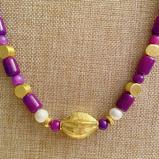 Purple Sugilite and Freshwater Pearls Gemstone Gold Vermeil Necklace 20