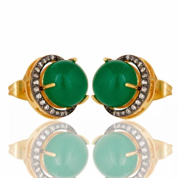 Crescent Moon Green Onyx Gold and Rhodium Stud Earrings