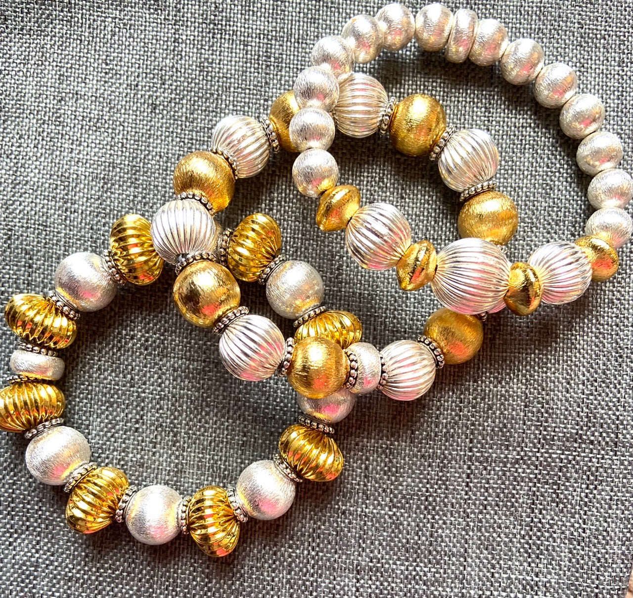 Silver Ribbed (Corrugated) Beads with Brushed Gold Vermeil Beaded Bracelet