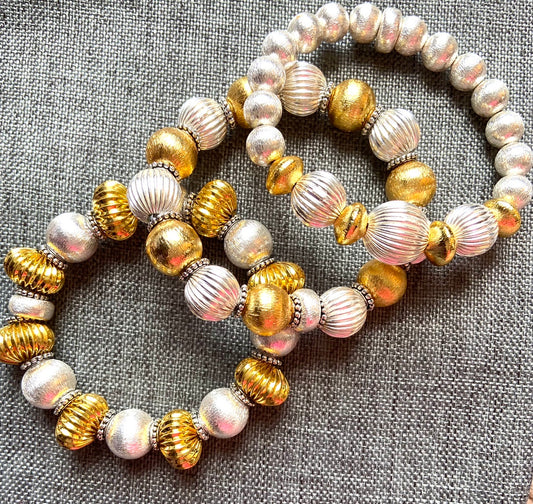 Silver Ribbed (Corrugated) Beads with Brushed Gold Vermeil Beaded Bracelet