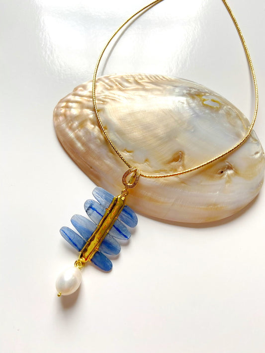 Lovely Blue Kyanite Gemstone Pendant Necklace with Gold Vermeil and a Pearl Drop
