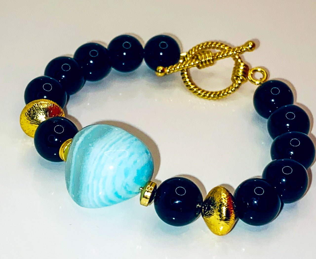 Gorgeous Vibrant Blue Opal and Black Onyx Gemstones with Brushed Gold Vermeil Statement Bracelet
