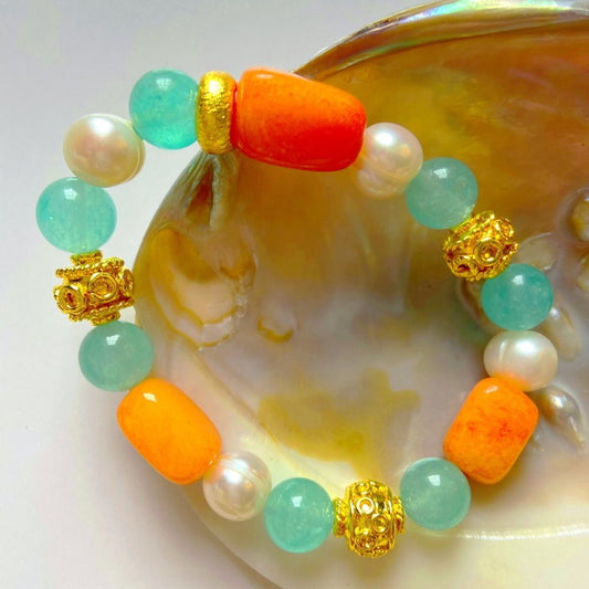 Carnelian, Pearl and Aquamarine Gemstone Gold Bali Bracelet