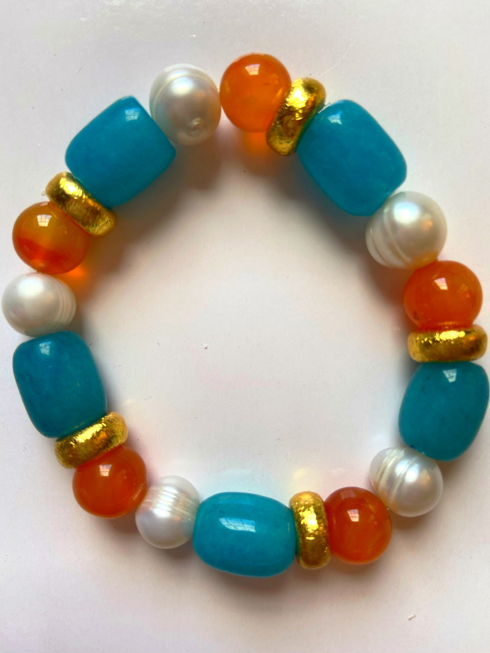Orange Carnelian and Sea Blue Jade Gemstones Gold Beaded Bracelet