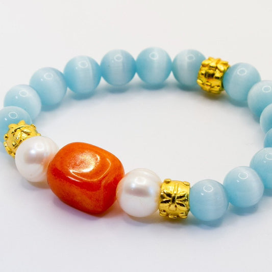 Pretty Aquamarine, Baroque Pearls, and Orange Carnelian Gemstone Bracelet with Gold Vermeil Stretch Bracelet